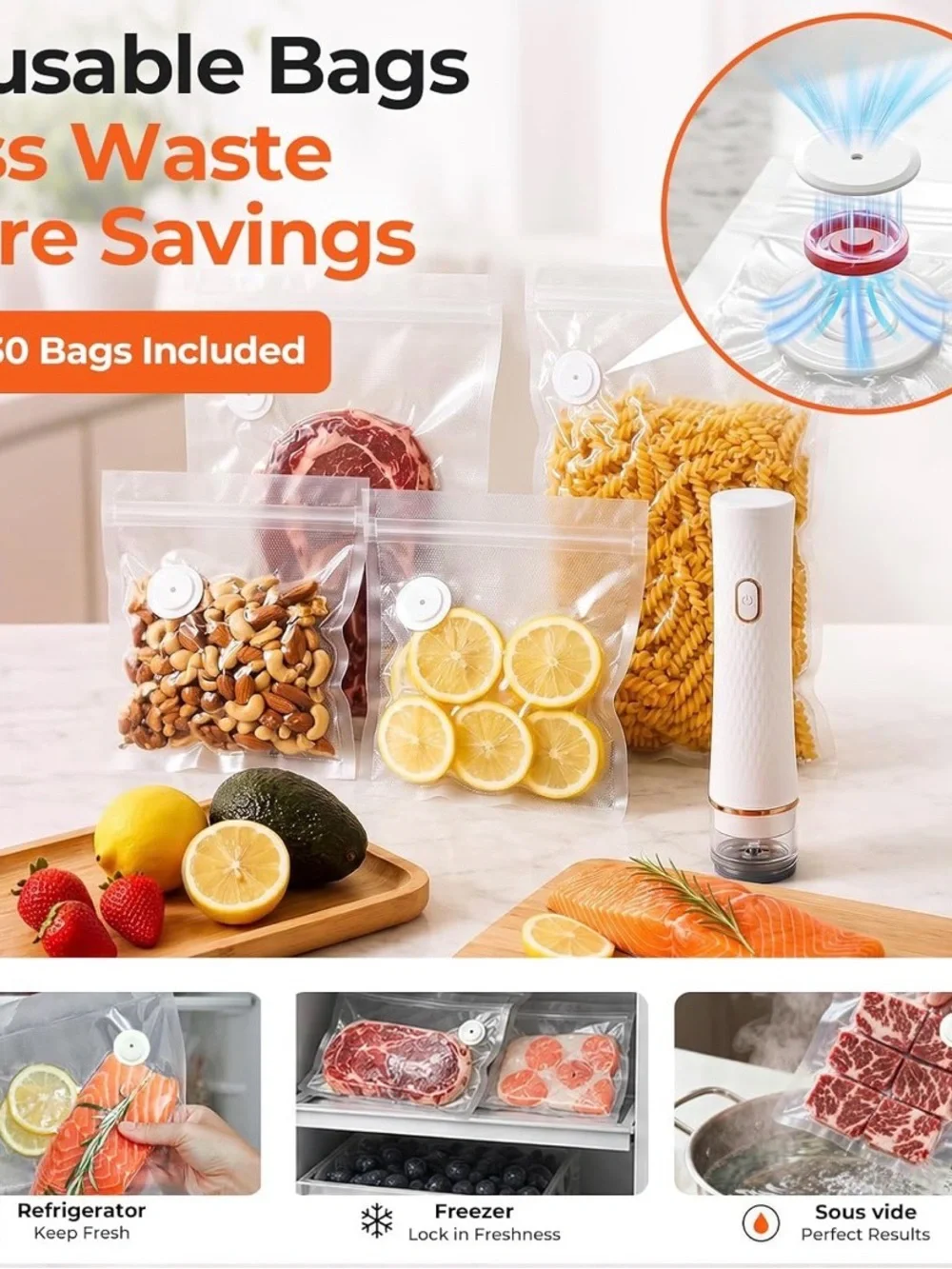 Handheld Vacuum Sealer for Food with 30 Reusable Vacuum Sealer Bags Compact Port